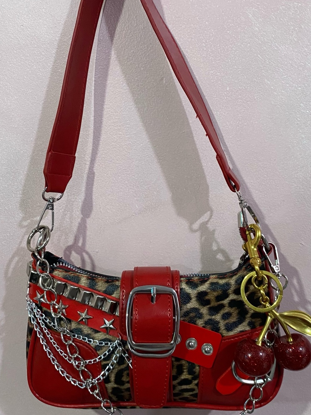Red Leopard Accent Mini Shoulder Bag with Silver Hardware - Picture 2 of 2